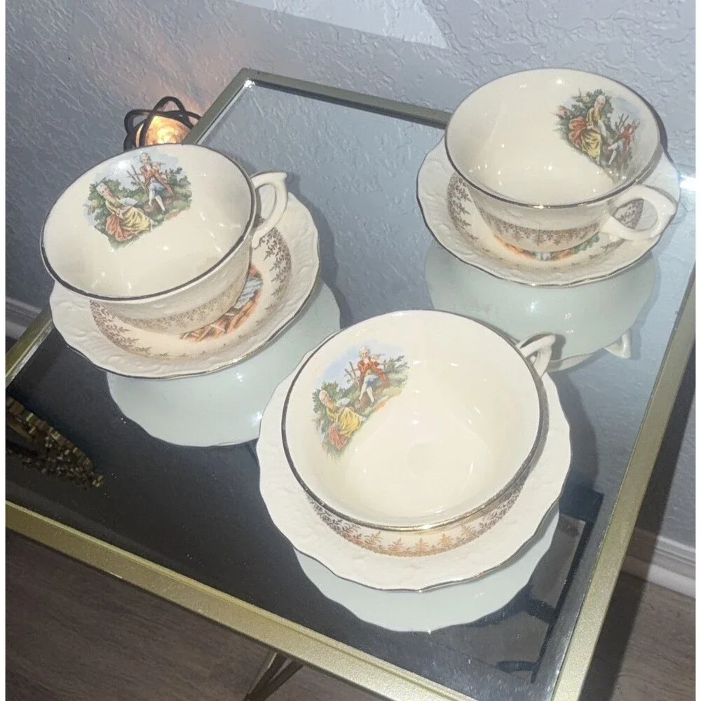 Vintage of 3 Ceramic Tea Cup & Saucer White the mallmars Romantic Couple Scene